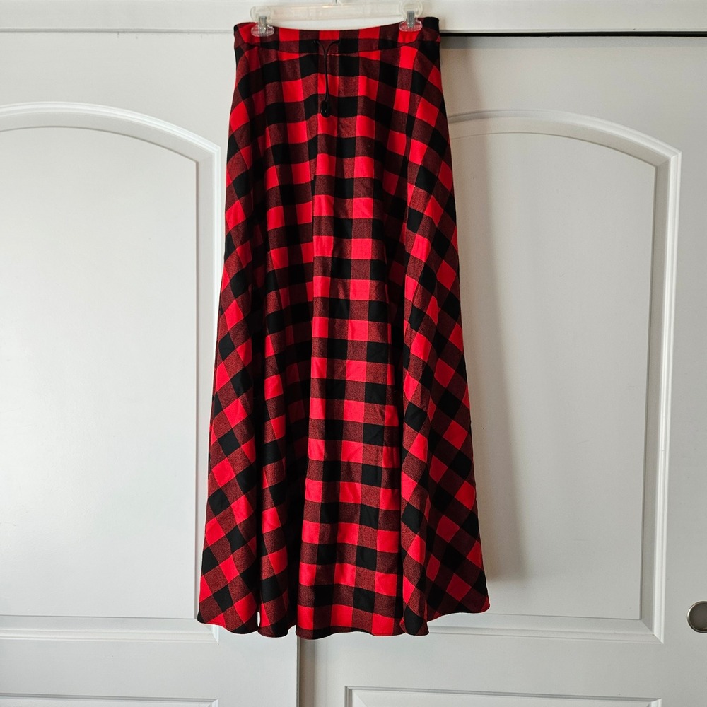 Vtg Y2K Ralph Lauren Buffalo Plaid Maxi Skirt Women Large Red Black 100% Wool